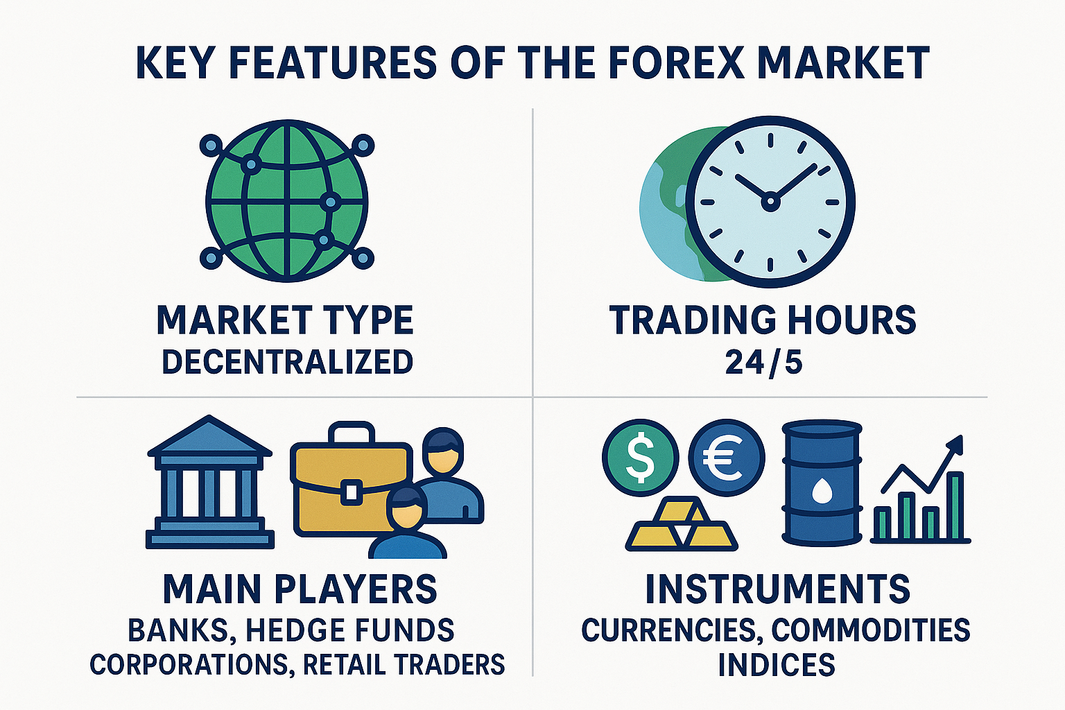 Infographic showing the main features of the Forex market: decentralized structure, 24/5 trading hours, major participants (banks, hedge funds, corporations, retail traders), and instruments like currencies, commodities, and indices.