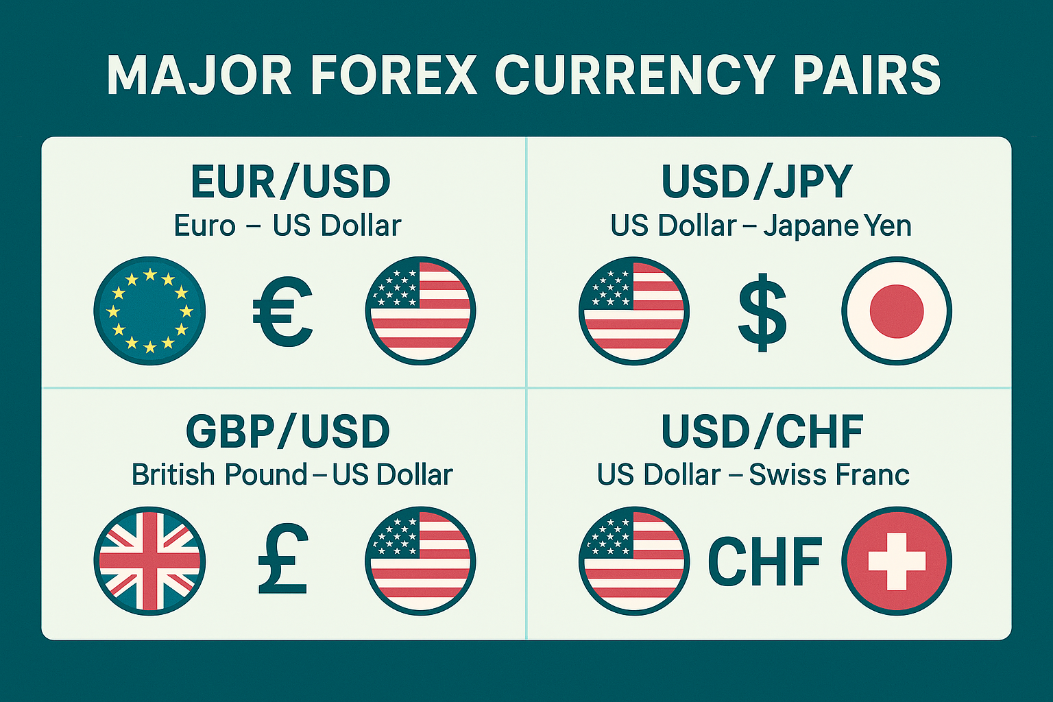 Infographic showing the four major Forex currency pairs with flags and symbols: EUR/USD (Euro – US Dollar), USD/JPY (US Dollar – Japanese Yen), GBP/USD (British Pound – US Dollar), and USD/CHF (US Dollar – Swiss Franc).