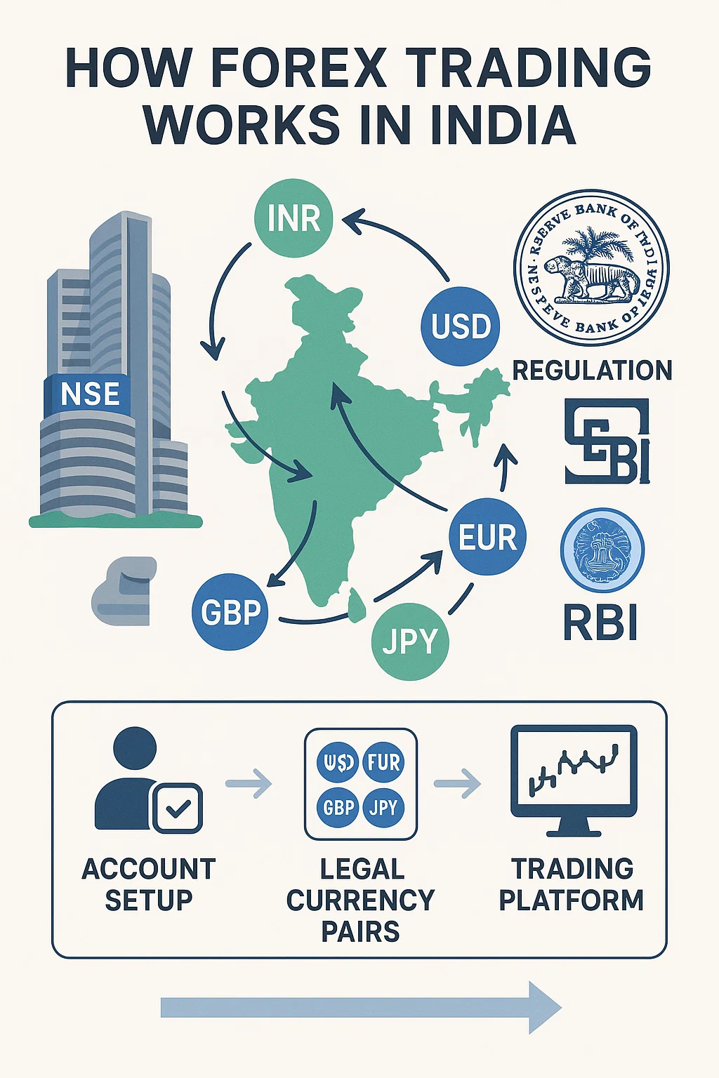 Visual guide explaining the legal process of forex trading in India â from account setup to trading INR-based currency pairs on SEBI-registered platforms.