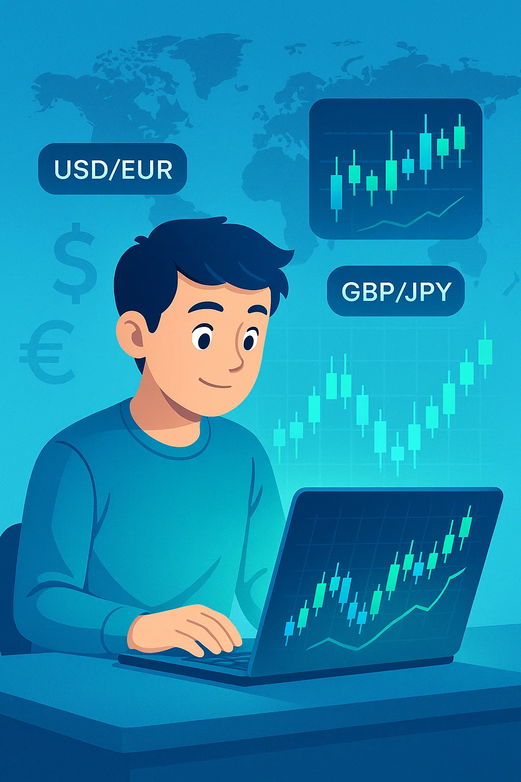 An easy-to-understand visual showing a beginner exploring forex trading, with charts, currency pairs, and global market elements. forex trading
forex for beginners
currency pairs
candlestick charts
global markets
trading education
financial learning