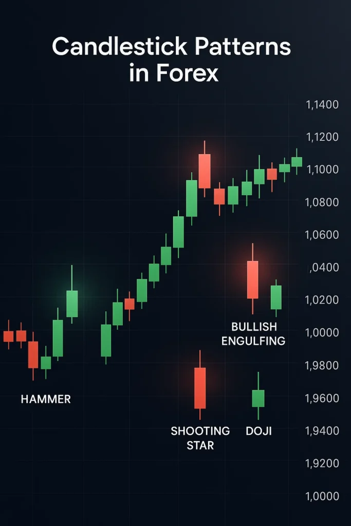 Forex candlestick chart showing green bullish and red bearish candlesticks with wicks and highlighted reversal patterns for trading analysis.