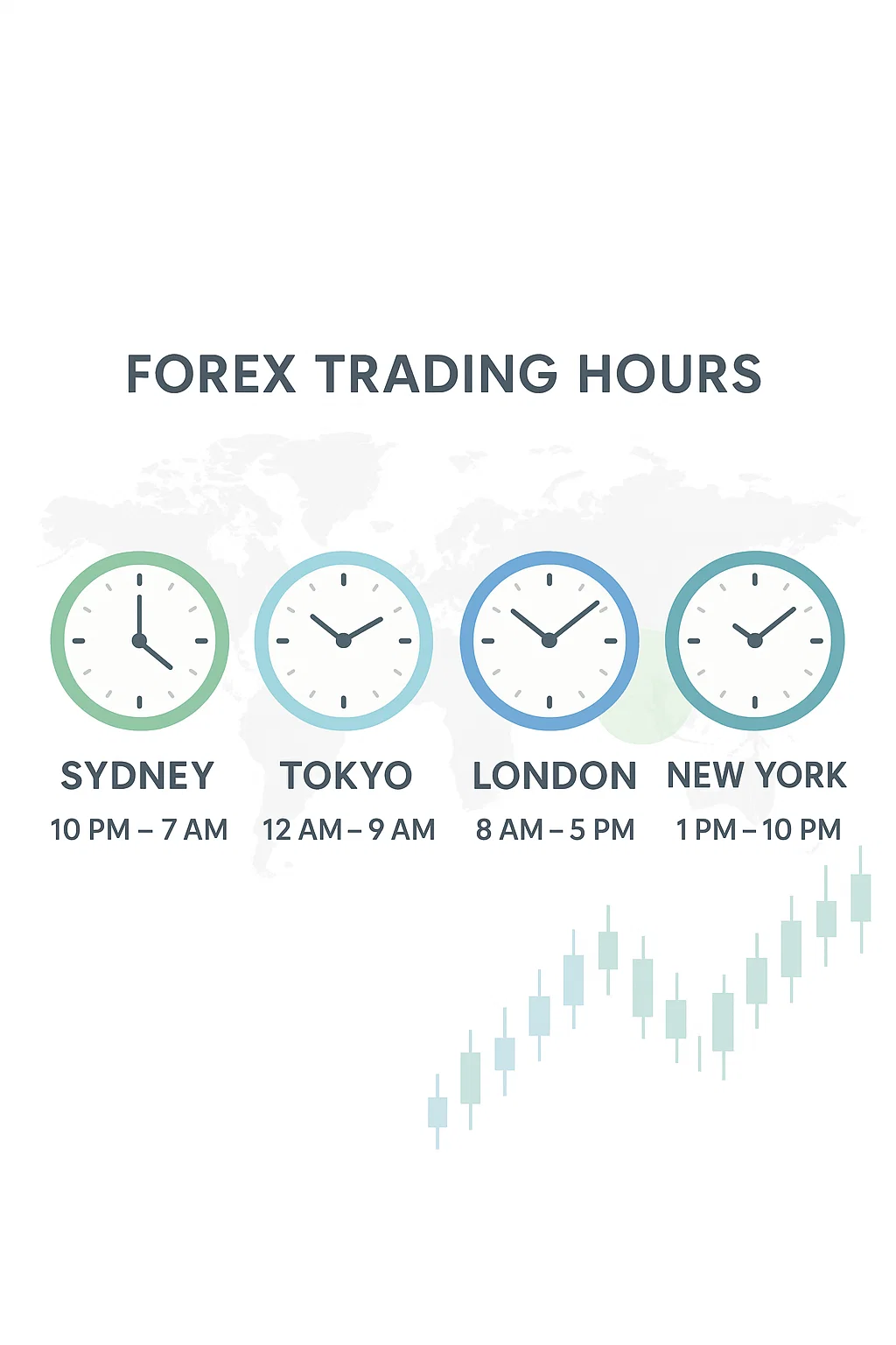 Forex trading sessions across Sydney, Tokyo, London, and New York with overlapping hours highlighted.