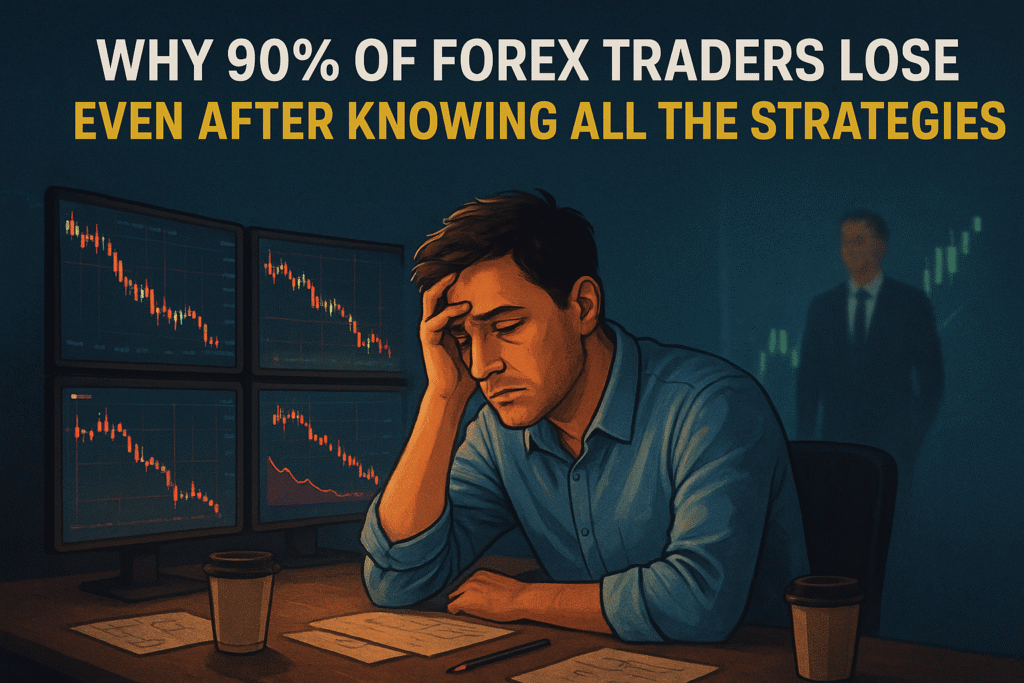 A focused forex trader sitting before multiple trading screens showing red and green candlestick charts, symbolizing how 90% of forex traders lose and how disciplined traders unlock the winner’s edge through mindset and strategy.