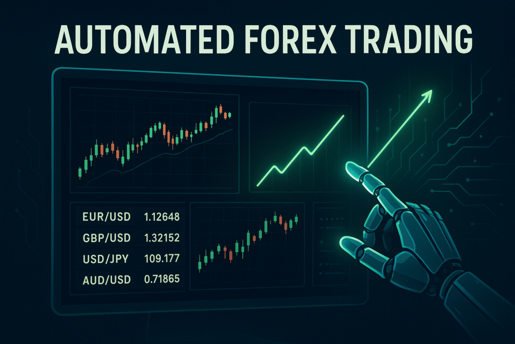 Automated Forex Trading AI system analyzing live forex charts with automated algorithmic trading interface.